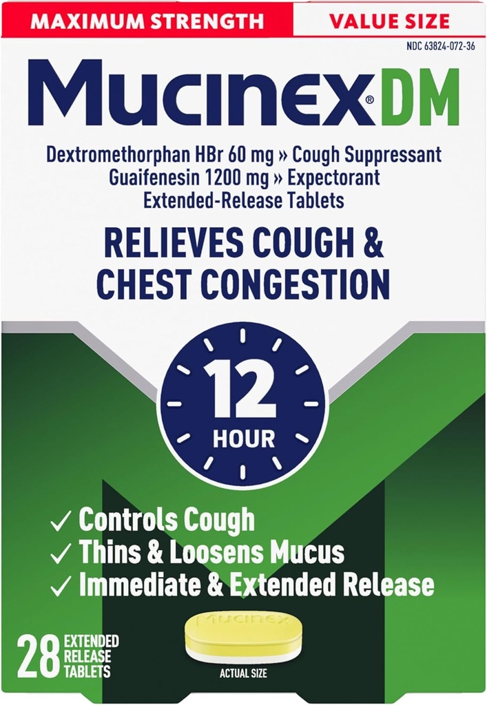 Mucinex 기침 억제제와 기대, DM 최대 힘 12 시간 정제, 28ct, 1200 mg Guaifenesin, Relieves Chest Congestion, Quiets 젖은 건조 기침, #1 의사 추천 OTC 기대