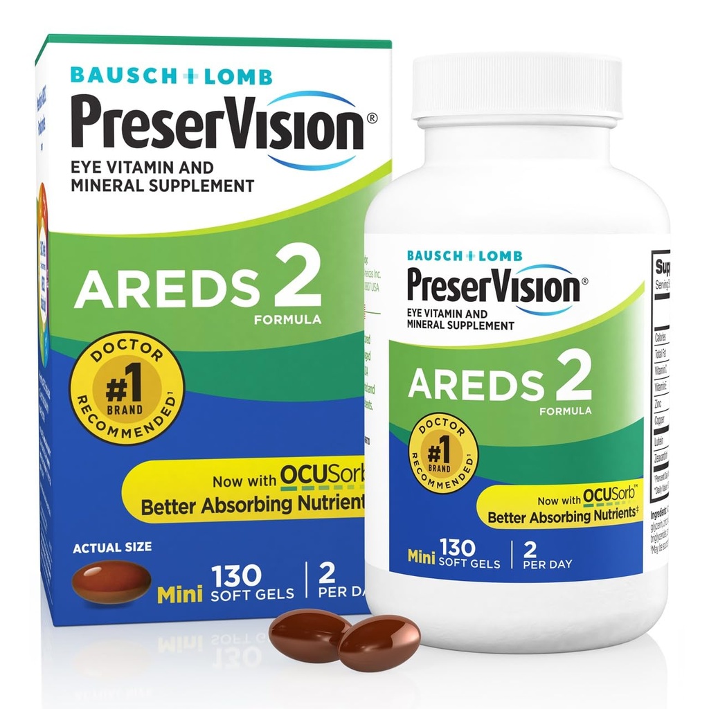 PreserVision는 비타민 C, 비타민 E, 아연 및 구리, 130 Softgels (Minigels)를 가진 2개의 눈 비타민, #1개의 눈 의사 추천된 상표, Lutein 및 Zeaxanthin 보충교재입니다