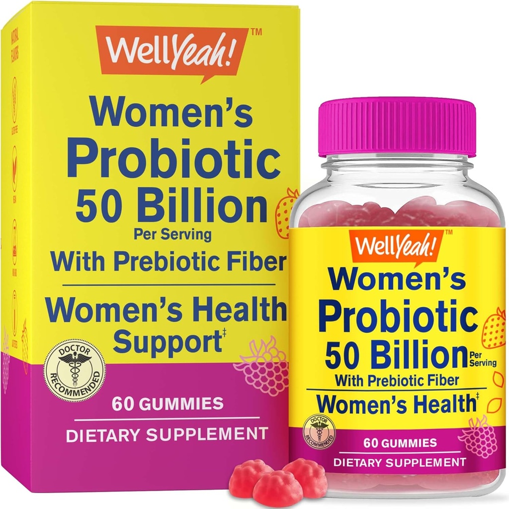 WellYeah Womens Probiotic 50 억 Gummies 12 Strains - 소화를위한 Prebiotic 섬유 - 질, 소화, 면역 수증기 및 Gut 건강 - 유통 안정 프로 바이오 틱 구미 - 60 구미