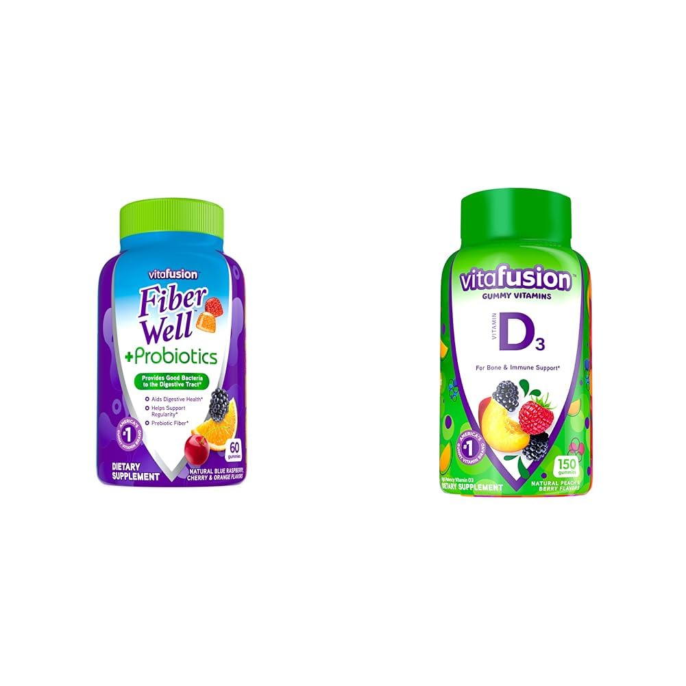 Vitafusion Fiber Well + Probiotics Gummies for Adults, 60 Count Vitamin D3 Gummy Vitamin, Peach, BlackBerry 및 Strawberry 맛, 50 mcg 비타민 D, 150 카운트
