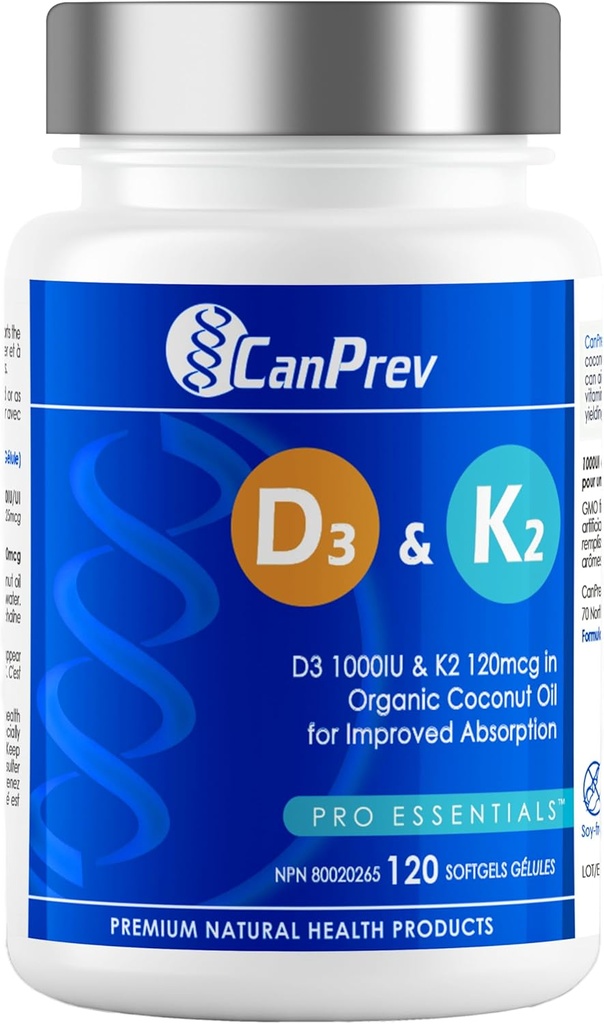 CanPrev D3 & K2 비타민 120 Softgels, 120 일 공급, 1000IU 비타민 D3 & 120mcg K2는, 유기 야자유, GMO, 글루텐, 콩, 유제품을 가진 강한 뼈, 이 & 심장 웰니스, 쉬운에 아bsorb를 지원합니다