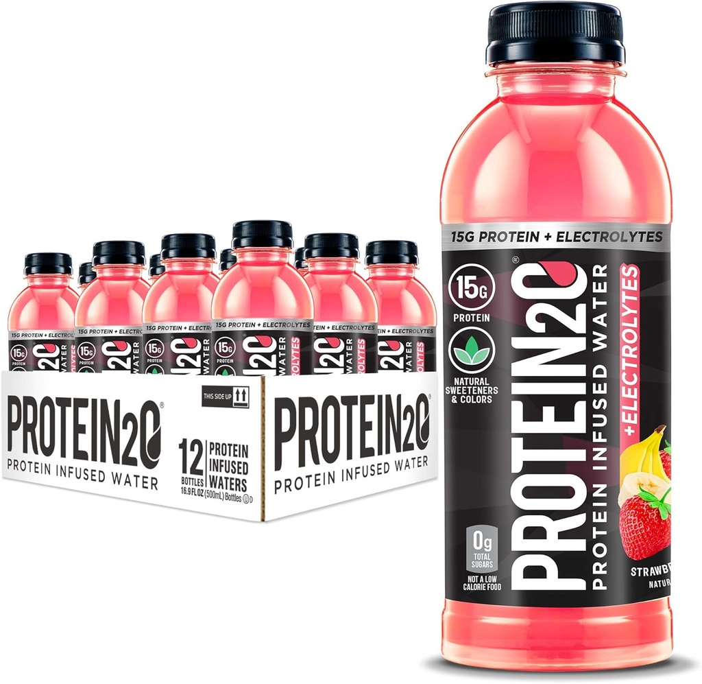 Protein2o + Electrolytes, 낮은 칼로리 단백질 주입 물, 15g Whey Protein Isolate, Strawberry Banana, 16.91 fl oz (12 팩)