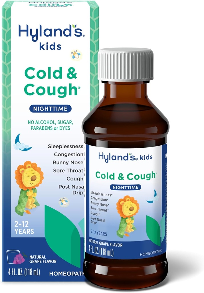 Hyland의 Kids Cold와 Cough, Nighttime Grape flavor Cough Syrup Medicine for Kids Ages 2 and up, Decongestant, Sore Throat, 그리고 Common Cold Symptoms의 수면 장애 구호, 4 Fl Oz