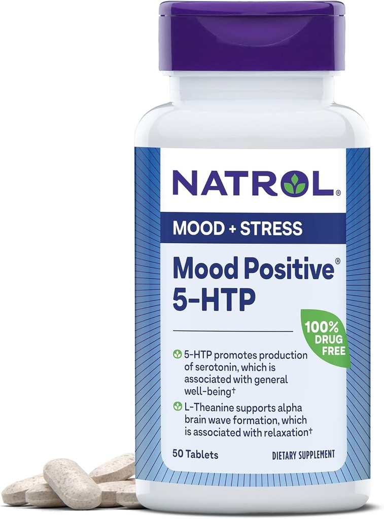 Natrol Mood Positive 5-HTP 및 L-Theanine 균형 잡힌 계류 및 휴식, 50 정제, 최대 50 일 공급