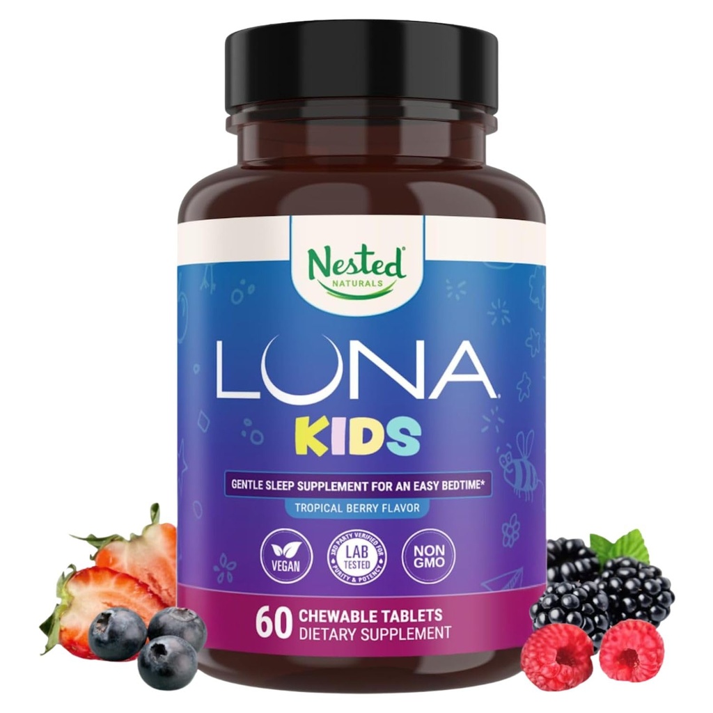 LUNA Kids | 어린이용 #1 Sleep Aid Tablets & Sensitive Adults | Naturally Sourced Ingredients | 60 x Chewable Pills | Gentle, Chamomile, Melatonin, Valerian & Lemon Balm의 초본 보충