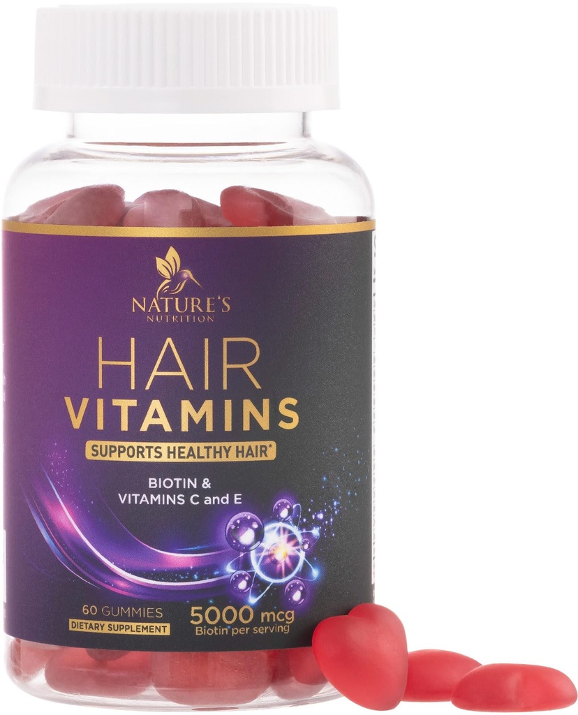 Biotin 5000 mcg와 머리 비타민 Gummies - 더 강한, 레이디언 헤어, 피부 & 손톱 보충 - 비타민 E & C, 여성 & 남자, 비 GMO & 글루텐을위한 머리 성장 지원 비타민 무료 - 60 Gummies
