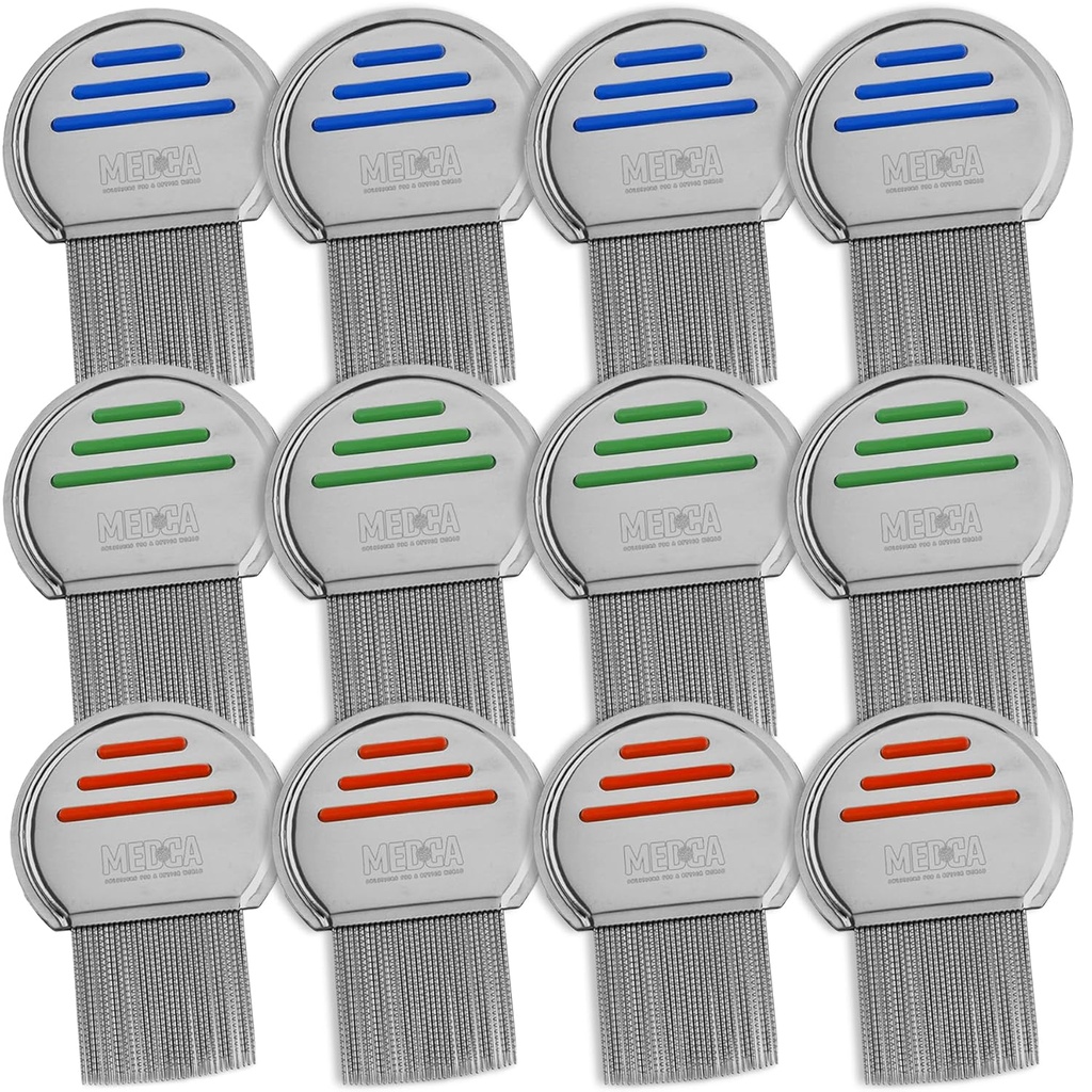 Lice Comb - (Pack of 12) 개인적으로 포장 된 전문 스테인레스 스틸 로우스 및 Nit Combs는 편안함을위한 둥근 팁이있는 달걀을 제거합니다.