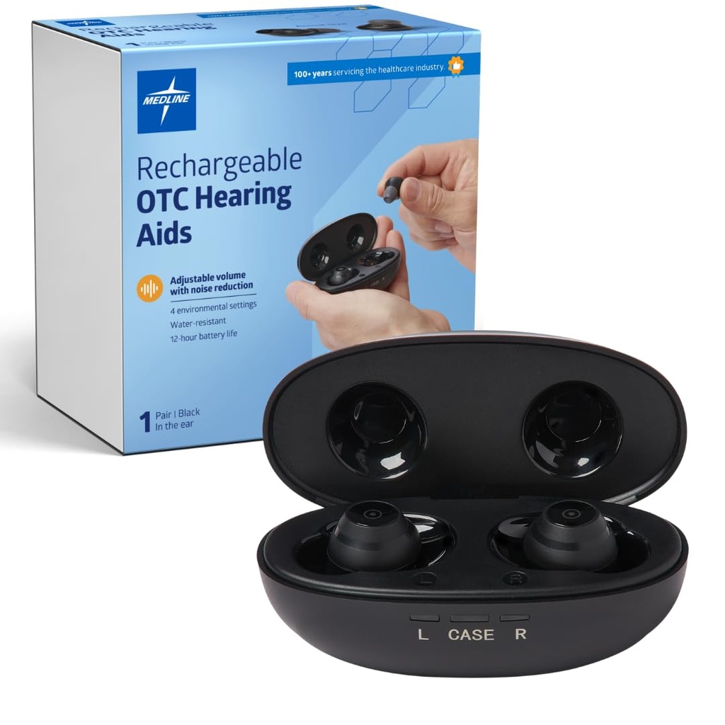 Medline 충전식 OTC 보청기, 블랙, 인-Ear, 4 환경 설정, 방수, 조절 가능한 볼륨, 몰딩 킬레이트, 노이즈 감소, Earbud 보청기에 밀드