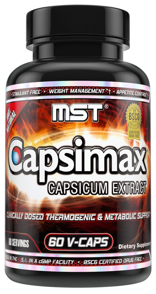 MST Capsimax 보충교재 100mg V 캡슐, 임상적으로 투약된 무게 관리, 열성, 식욕 통제, Calorie 불타는, 대사 건강, 자극제는 해방합니다. BSCG는 증명했습니다