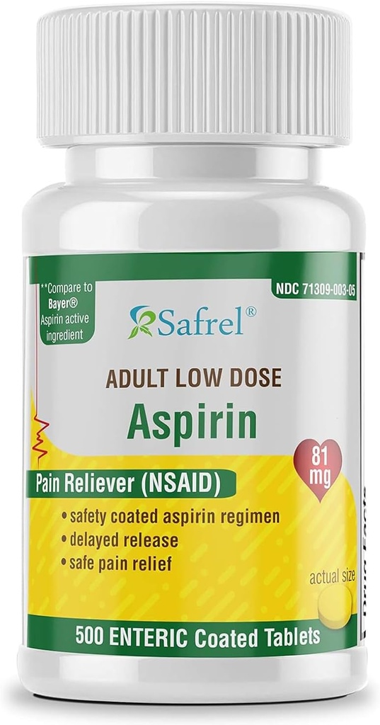 Safrel Generic Bayer Baby Aspirin 81 mg (500 엔터티 코팅 정제) | 성인 낮은 복용량 강도 안전 통증 Reliever (NSAID) 마이너 Aches에 대 한 | 가치 팩