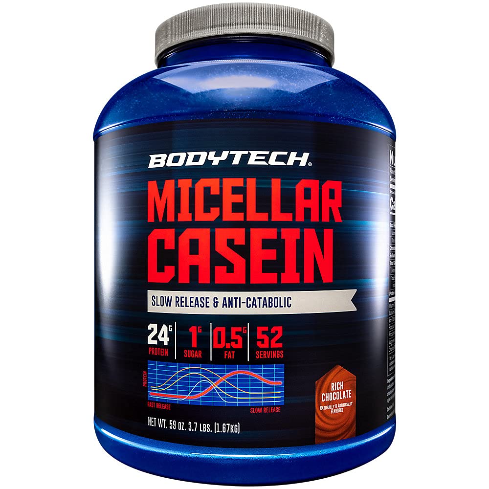 BODYTECH Micellar Casein Protein Powder, 하룻밤 근육 회복을위한 느린 릴리스 - 서빙 당 단백질 24 그램 - 리치 초콜릿 (4 파운드)