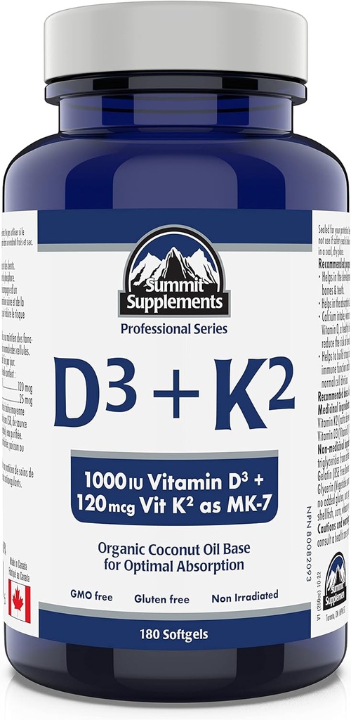 Summit Supplements - 비타민 D3 K2, 180 Softgels - 건강한 뼈, 치아 및 근육을 유지하는 데 도움이되는 공식화 - 신체 칼슘 흡수를 지원하고 골절의 위험을 감소