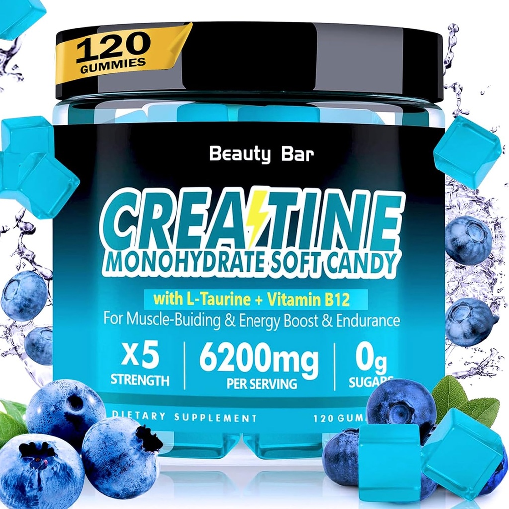 크레아틴 Monohydrate Gummies, 남자 & 여자를 위한 6200mg, 강화된 근육 성장을 위한 Chewable Creatine, 힘 및 회복, 설탕 자유로운 전 운동 보충교재, 120 조사, 블루베리 풍미