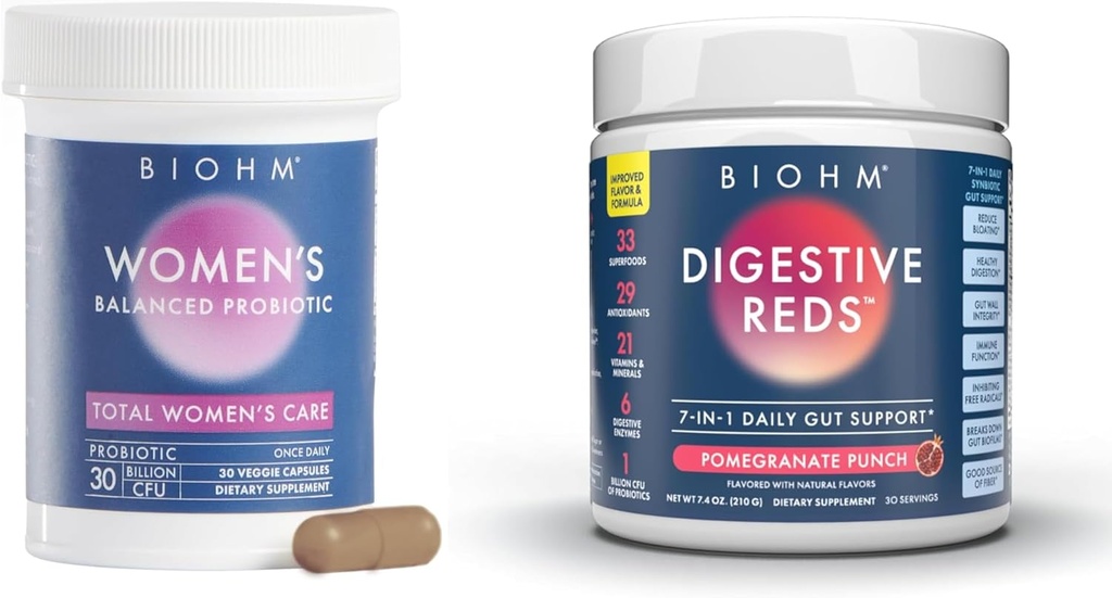 BIOHM 여성 프로바이오틱스 30B CFU & 210 oz Essential Digestive Reds Powder Bundle, 포괄적인 Gut & Vaginal Health Support, 항산화제, 효소, 비타민 풍부