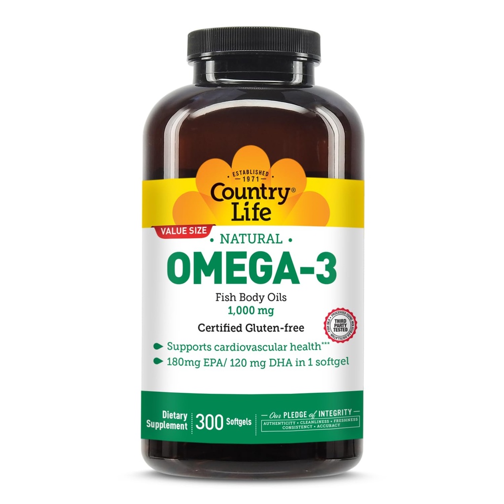 국가 생활 Omega-3 물고기 기름 보충교재, 1000mg, 180mg EPA & 120mg DHA의 물고기 기름 농축물, Burpless, 300 Softgels의 증명한 글루텐 자유로운