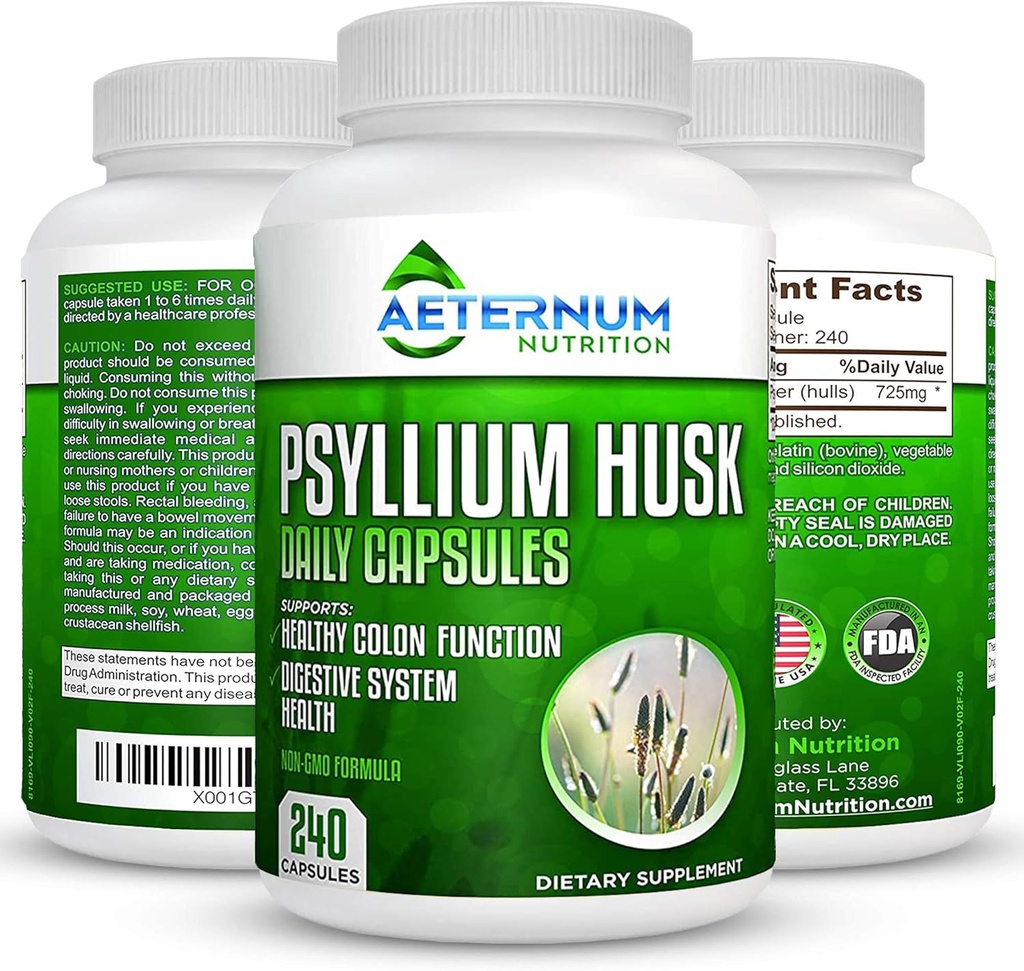 Aeternum Psyllium Husk Caps USA Made - Premium All Natural Fiber Supplement - 240 Husk Powder Capsules 725 Mg per Serving, 건강한 소화 시스템 지원 - 모든 자연 100% 수용성