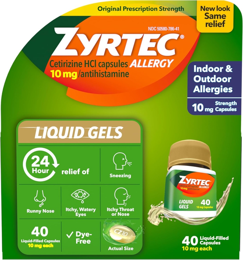 Zyrtec 24 시간 알레르기 완화 액체 젤, Cetirizine HCl Allergy 약을 가진 항히스타민 캡슐 Runny Nose, Sneezing, Itchy Eyes & More, 40 조사