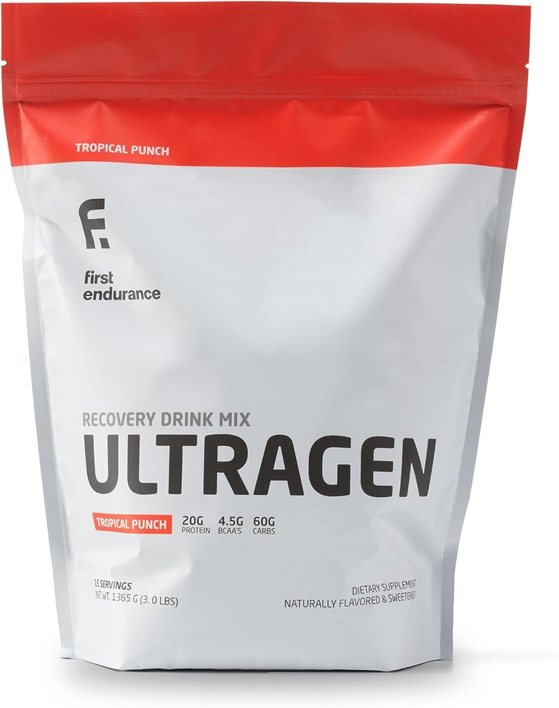 FIRST ENDURANCE Ultragen 운동 회복 음료 분말, 단백질 혼합, 부스트 에너지, 가속 회복 | 열대 펀치, 15 서빙