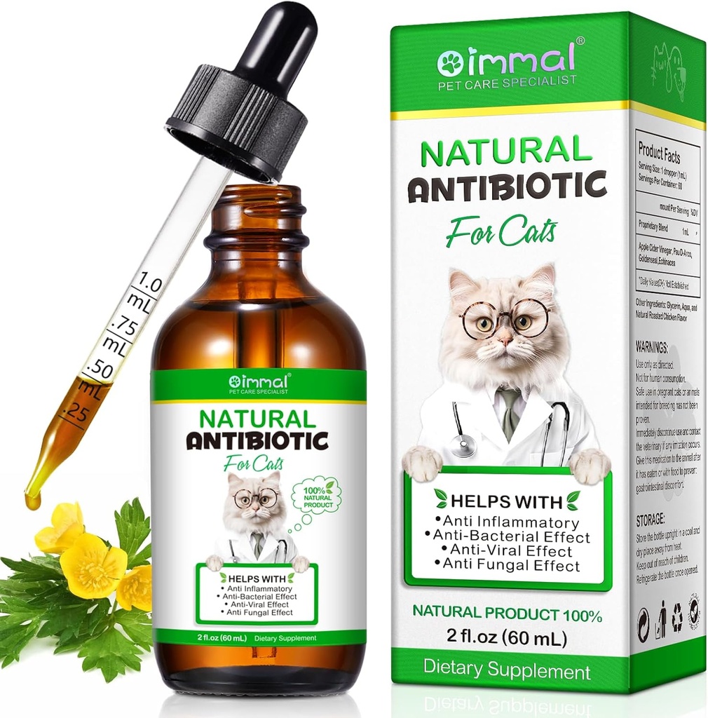 Cats, Premium Cat Antibiotics Supplemen, Cats, Pet Supplements, Cat Antibiotics 지원 Immune 및 Cats Allergy Relief, Cats Multivitamin - 2 Fl Oz / 60ML을위한 자연 항생제