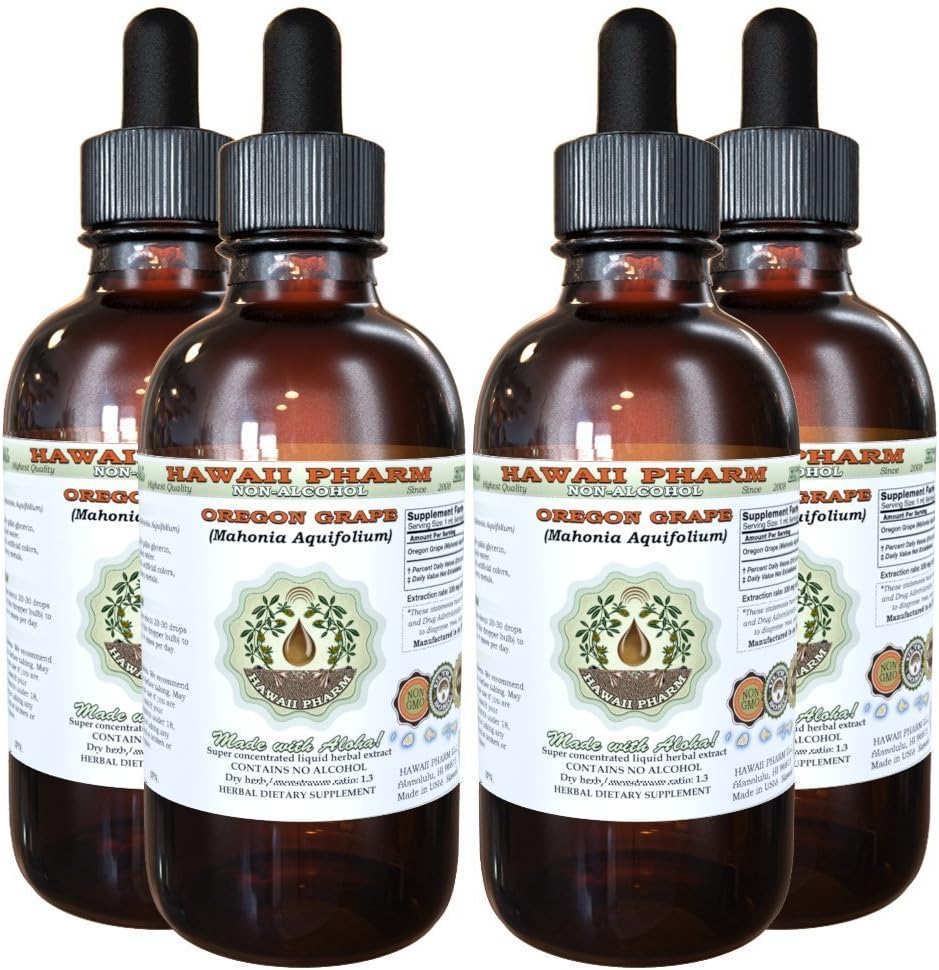 하와이 Pharm 오레곤 포도 알코올 무료 액체 추출, 오레곤 포도 (Mahonia aquifolium) 건조 루트 글리세리 자연적인 초본 보충, 미국 4x4 fl.oz