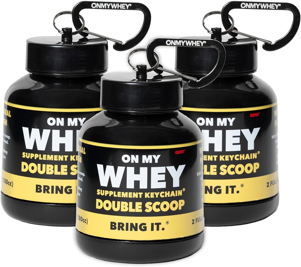 ONMYWHEY Protein Powder Container to Go - 믹스, 휴대용 사전 운동 보충 용기 및 디스펜서 깔때기, 미니 운동 보조 식품 홀더 키 체인 병을위한 여행 물병 깔때기