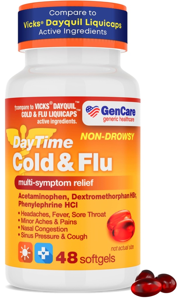 GenCare - 다 증상 비 돌기 주간 찬 & 유출 기복 Acetaminophen 325mg, Dextromethorphan HBr 10mg, Phenylephrine HCl 5mg (48 Softgels) 고통 Reliever & Nasal Decongestant를 형성하는 비 토끼