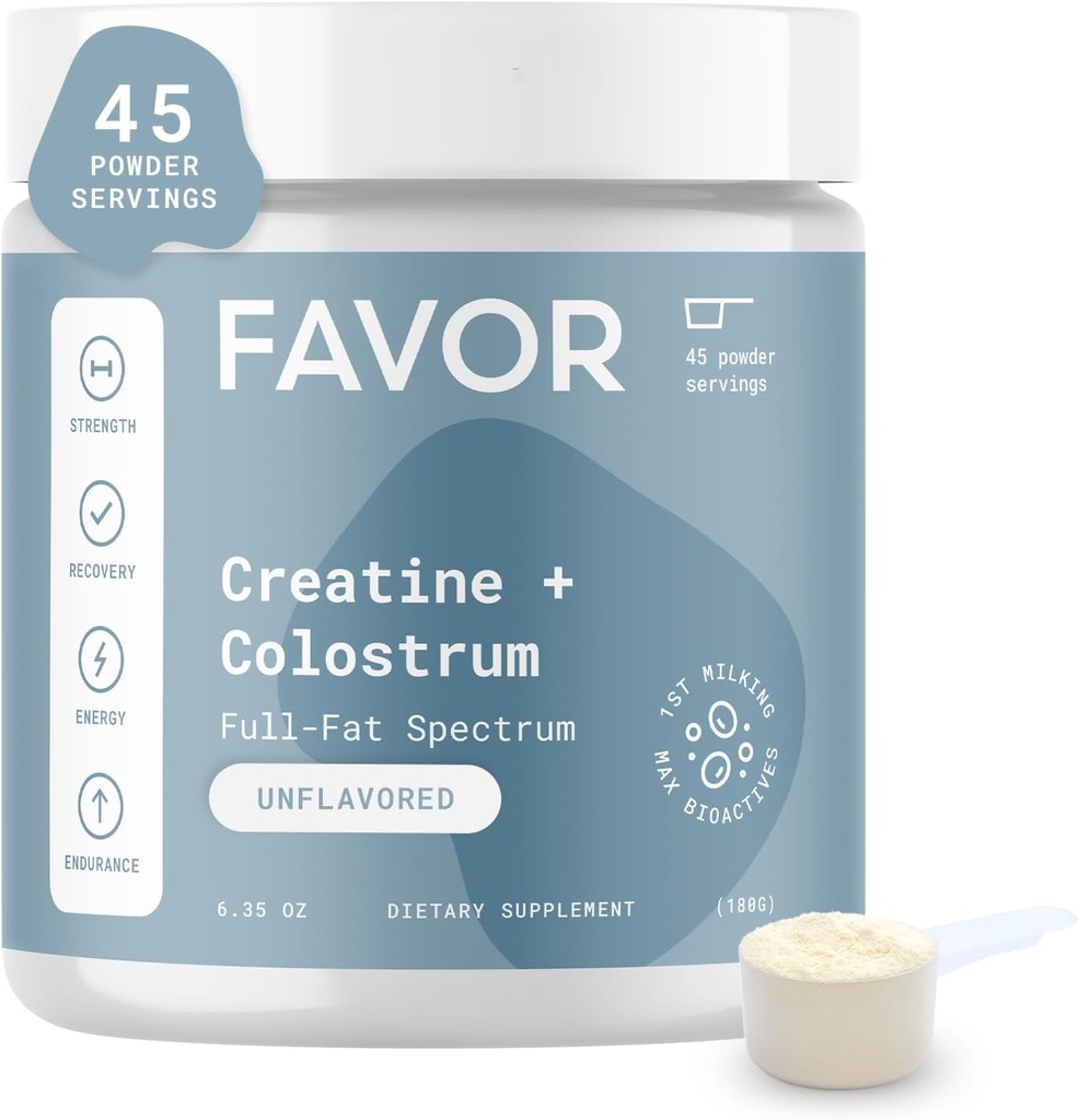 Favor Creatine와 Bovine Colostrum 분말 - Creatine Monohydrate Cow Colostrum 보충교재, 높은 Immunoglobulin IgG, 힘, 근육 회복 및 남자와 여자를 위한 Gut 건강, 45의 서빙, Unflavored