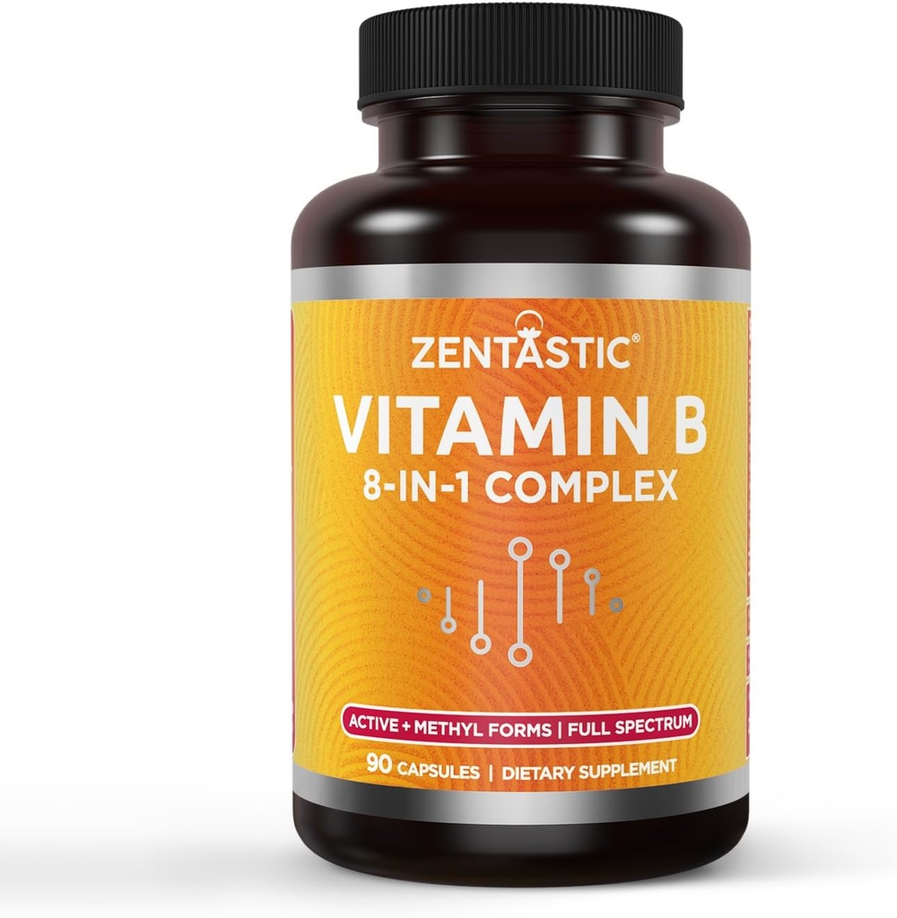 Zentastic Vitamin B-Complex - B12, B6, B9 Folic Acid, Choline, Inositol - Active 및 Methyl Forms - Nervous System, Energy, Metabolism, 면역 지원 - 90 Vegan 캡슐