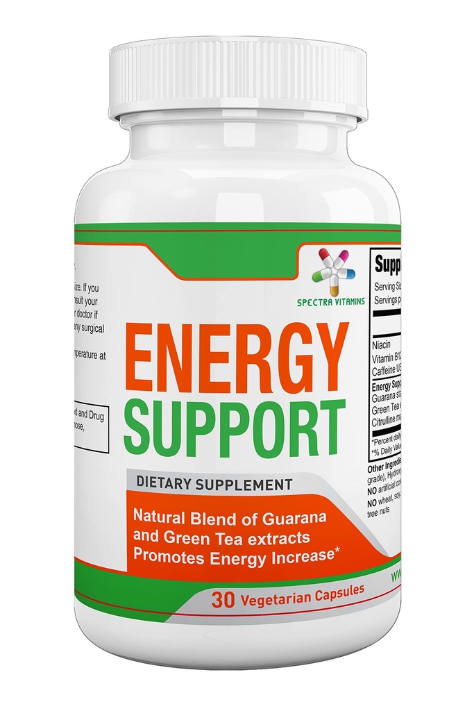Spectra Vitamins Natural Energy Support 30 캡슐 - 과라나 캡슐 - 비타민 B12 - 과라나 및 녹차 추출물 - 자연적인 에너지 부스터를 가진 Citrulline 에너지 보충교재