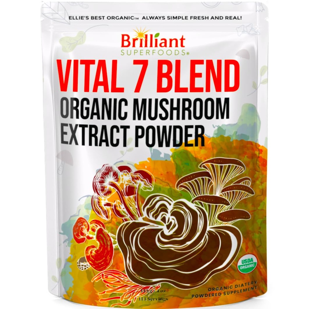 Ellie의 베스트 7 버섯 분말 추출물 혼합 보충교재 유기 114 서빙 높은 Potency 두 배 추출물 Cordyceps, Reishi, 터키 꼬리, Chaga, 사자 Mane - 4oz