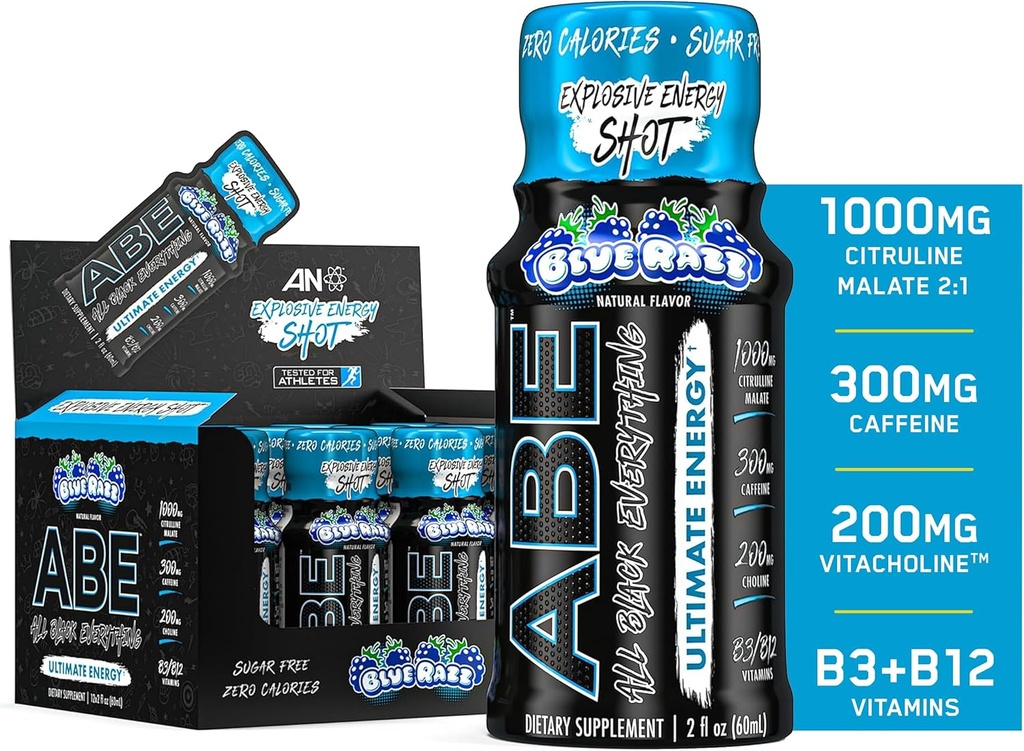 모든 블랙 모든 에너지 샷 | 12 팩 | 300mg 카페인 | 블루 레이즈 | Zero Sugar | Energy Focus Supplement | Nootropic Blend for Gym or Work