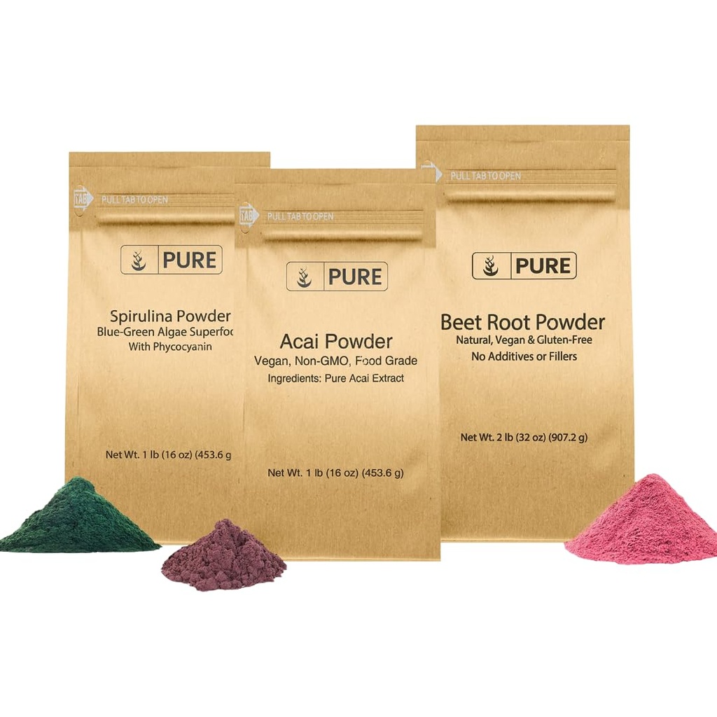 PURE ORIGINAL INGREDIENTS Beet 뿌리, Spirulina 및 Acai 분말 번들, 다양한 크기, 비 GMO, 초본 보충 교재