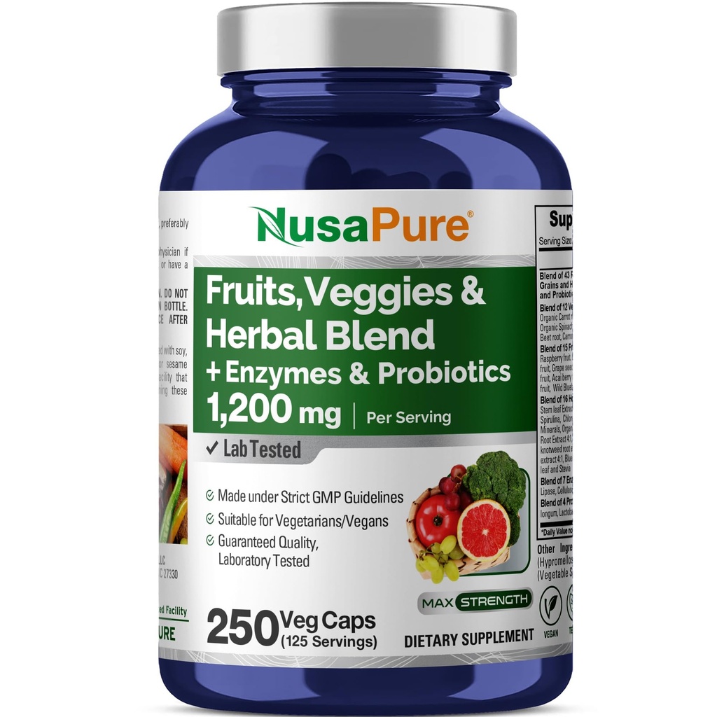 NusaPure 43 과일과 채소 초본 혼합, 11 효소 & Probiotics, 1200 mg, 250 Veggie 캡슐 (비 GMO, 채식)