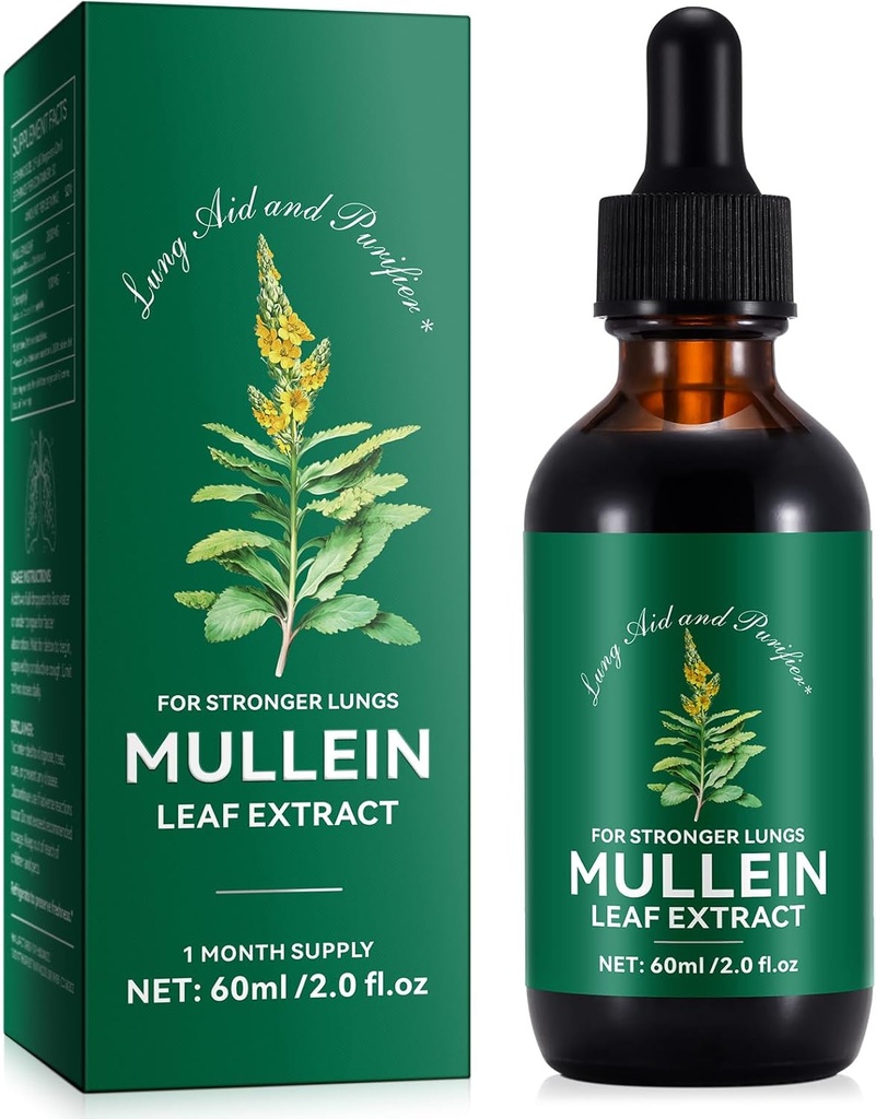 일반 Mullein 잎 추출물 - Lung Aid & Purifier - 호흡 지원 및 Gentle Lung Cleanse - 건강한 호흡 - 자연 및 안전 - 빠른 흡수 - 채식 - 60ml, 1 개월 공급