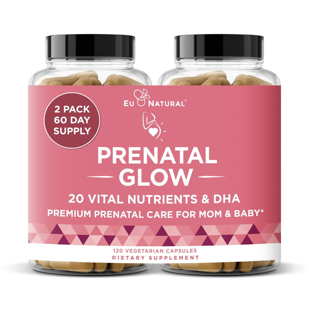 여성을위한 Glow Prenatal 비타민 - 건강한 임신 및 태아 발달을위한 20-in-1 Vital Nutrients - 아기의 성장을위한 Folic Acid & Vegan DHA 및 편안한 임신 - 120 Nourishing 캡슐