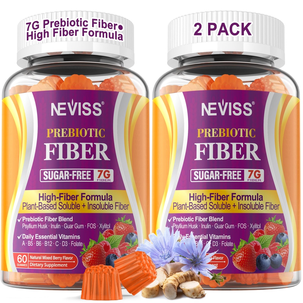 Psyllium Husk, 7G (Soluble + Insoluble)를 가진 성인을 위한 섬유 Gummies Inulin, FOS, Guar Gum, 매일 소화성 건강을 위한 Multivitamins를 가진 매일 Prebiotic 섬유, 2의 포장