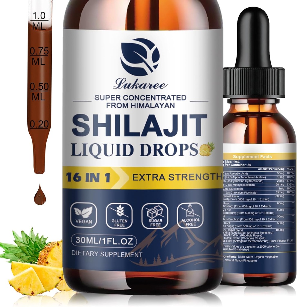1개의 Shilajit 수지 액체 하락에 대하여 16, Shilajit W/Ginseng의 Turmeric, Rhodiola, Wolfberry, Amla & 비타민, 85+를 가진 남자 & 여자를 위한 Shilajit 보충교재 Trace 무기물 & Fulvic 산, 1 Fl Oz