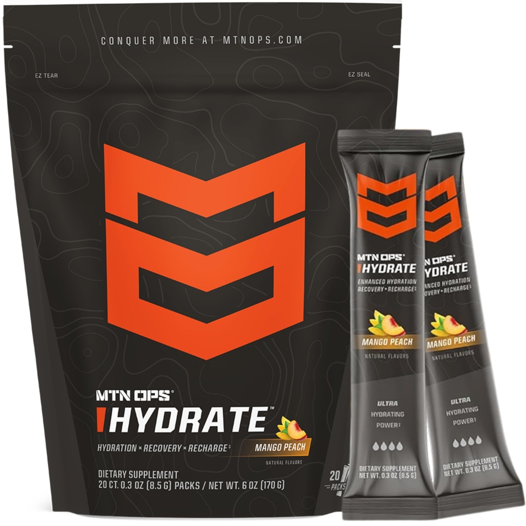 MTN OPS Hydrate 전해질 분말 음료 혼합, 20 단일 서빙 온-고 전해질 팩 1000mg 이상 서빙 당 Electrolytes, 망고 복숭아
