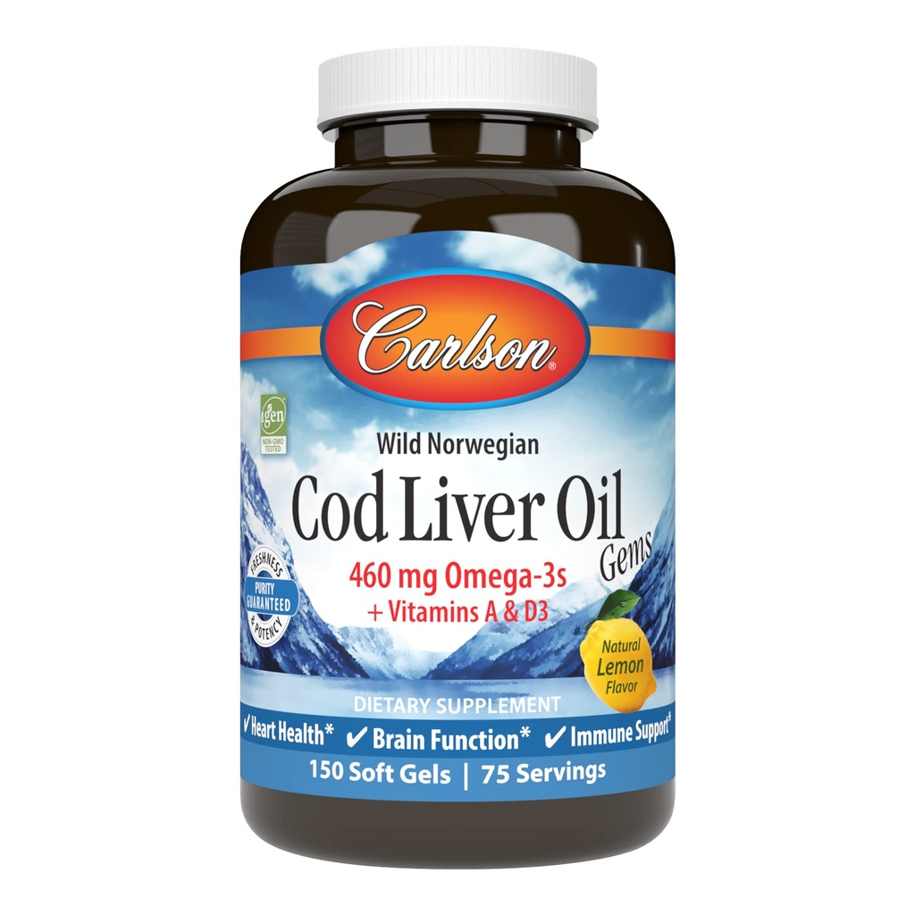 Carlson - Cod Liver Oil Gems, 460 mg Omega-3s, Plus Vitamins A 및 D3, Wild Caught Norwegian Arctic Cod Liver Oil, Sustainably Sourced Nordic Fish Oil Capsules, 레몬, 150 Softgels