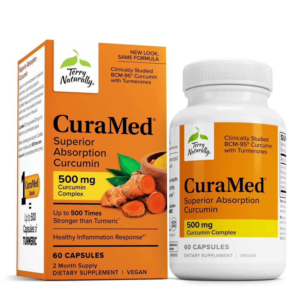 Terry Naturally CuraMed 500mg - 뇌 및 면역 건강 지원을위한 산화 방지제 보충 - Curcumin 및 Turmeric Essential Oil과 보충 - 초본 Liver 지원 - 60 Softgels