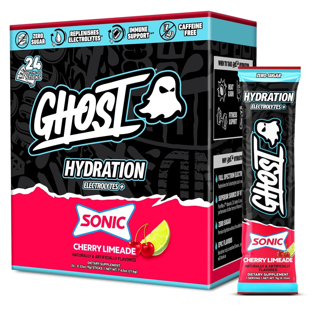GHOST Hydration Packets, Sonic Cherry Limeade, 24 Sticks, Electrolyte Powder - 마그네슘, 칼륨, 칼슘, 비타민 C와 음료 혼합 보충 - 콩 친화적 인, 콩, 설탕 및 글루텐 무료