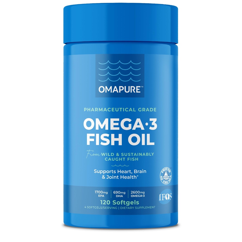 OMAPURE 물고기 기름은 Omega 3 지방산 (1개의 병, 120 Softgels) - 높은 EPA, DHA, & IFOS 물고기 기름 알약 지원 심장 & 합동 건강 - Burpless 물고기 기름은 뇌 기능을 승진시킵니다