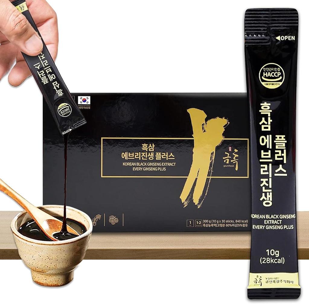GeumHeuk 한국 블랙 인삼 추출물 모든 인삼 플러스. 10g X 30 스틱 파우치. Immune 지원, 에너지 부스터, 피로 회복, 정신 성능. 특허법