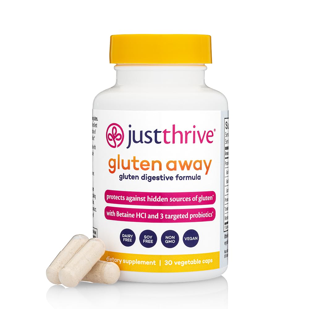 Just Thrive Gluten Away - 30 서빙 소화 효소 + 글루텐 방어를위한 프로 바이오 틱 지원 - Vegan, Gut Health Supplement