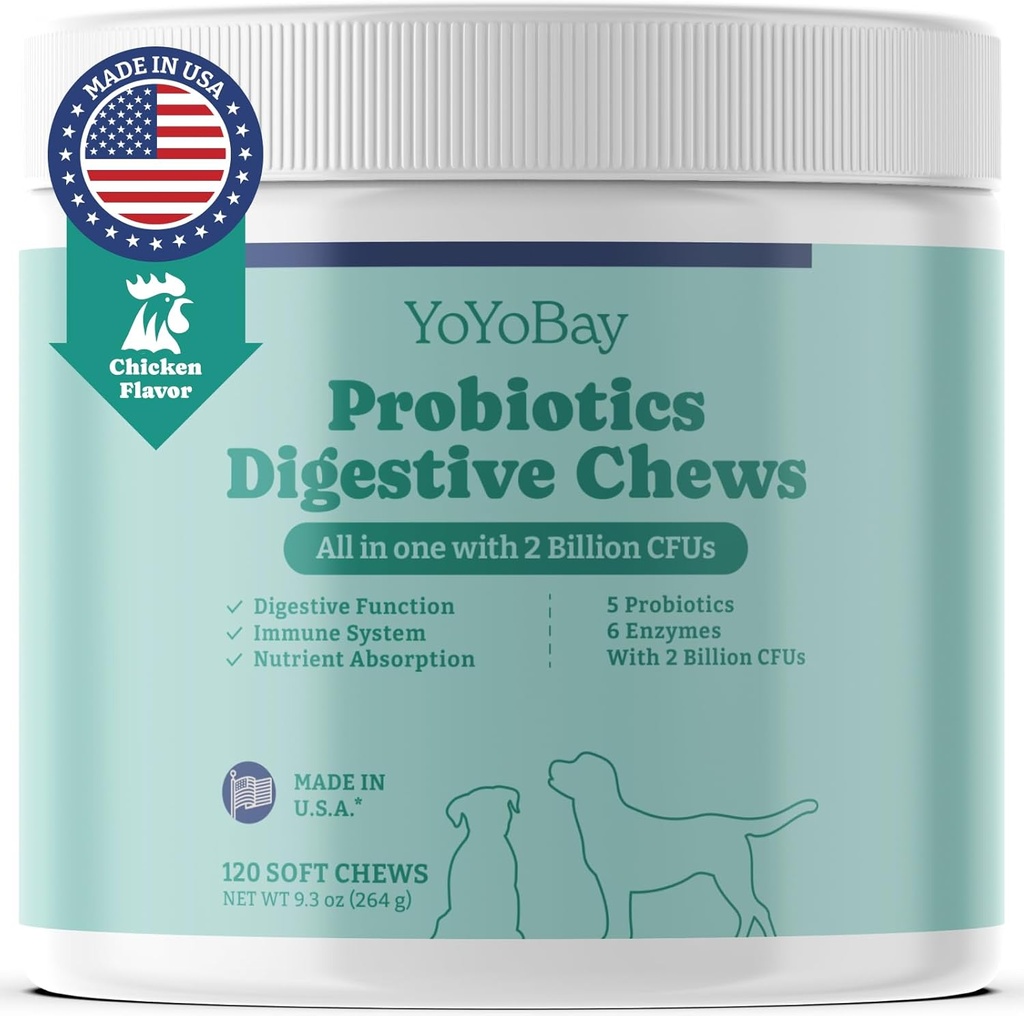 개, 개 Probiotics 및 효소가있는 Prebiotics, Gut & Digestive Health 및 Yeast Balance, 지원 면역 체계, 닭 맛, 120 소프트 체스