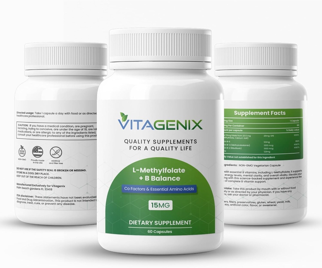 L-Methylfolate + B 균형 - 직업적인 힘 생분해성 5-MTHF 모양 + B6, B2 & B12 Methylcobalamin B Complex - 지원 계류, 메틸화 & 함침 - 15mg - 60의 캡슐