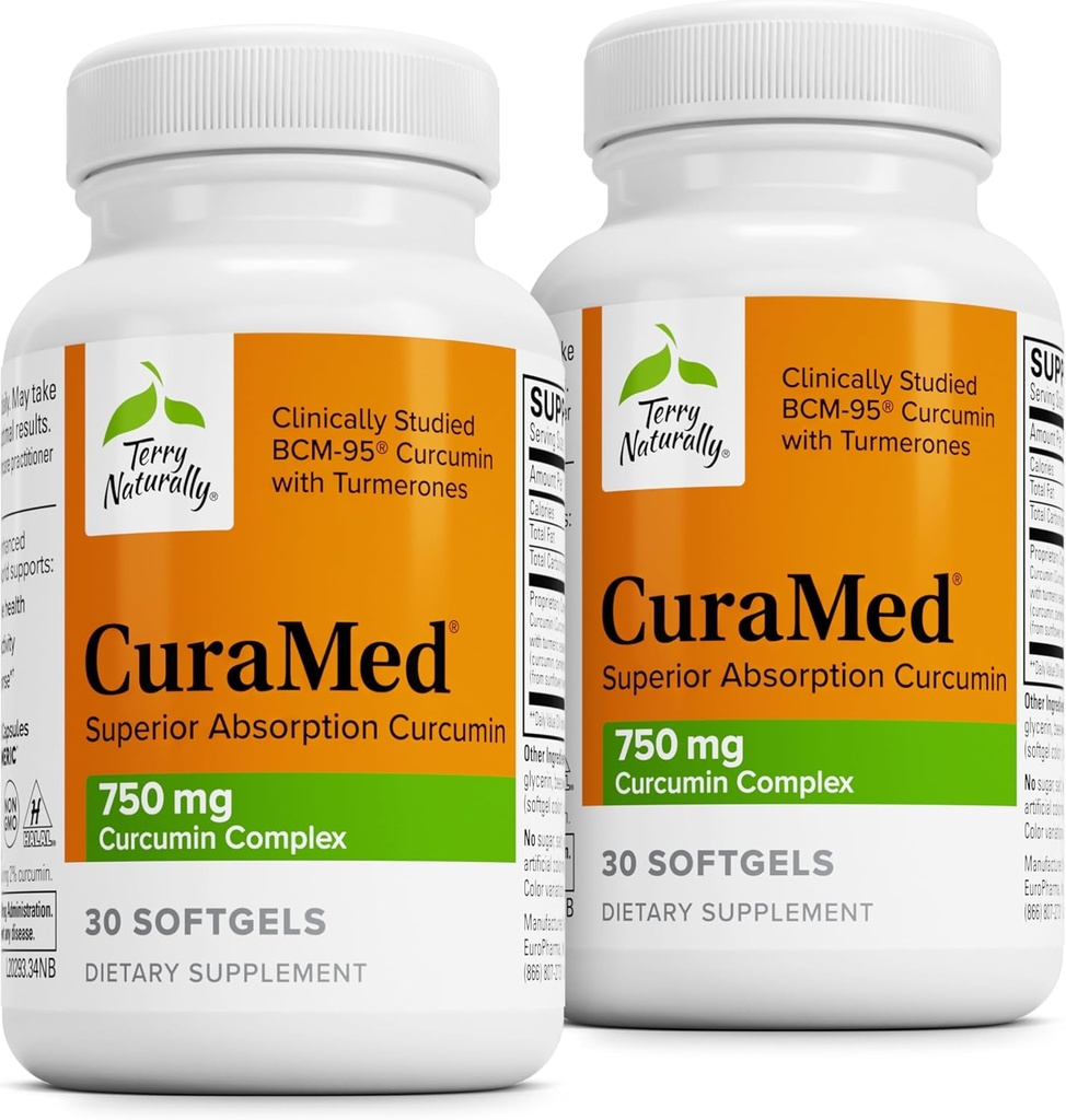 Terry Naturally CuraMed 750mg - 뇌 및 심장 건강에 대한 산화 보충 - 고순도 쿠르쿠민 복합체와 보충 - Kidney, Liver & 면역 건강 지원 - 30 Softgels (팩 2)