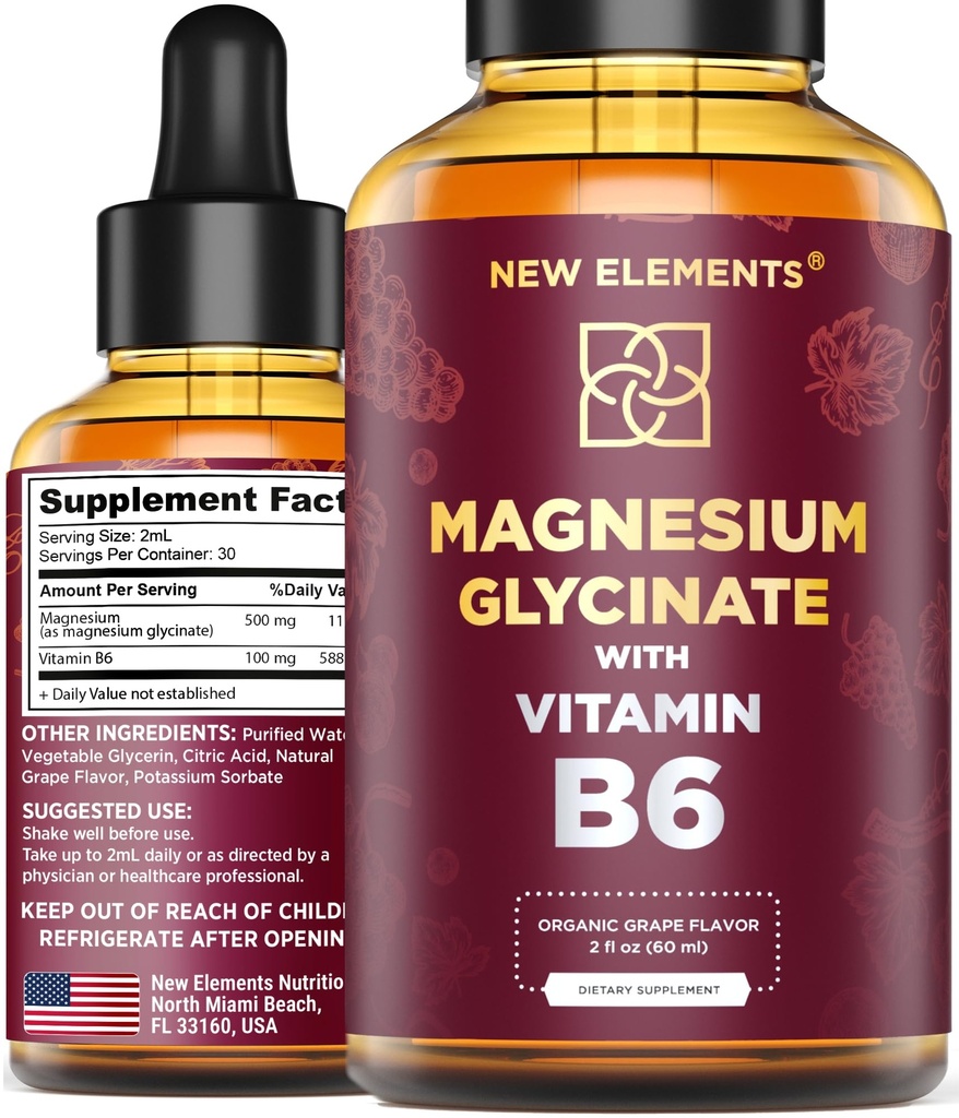 액체 마그네슘 글리세라이드 비타민 B6 - 마그네슘 보충 500mg & 비타민 B6 100mg | 비 GMO 없음 글루텐 | 스트레스 완화 | 수면 및 휴식 | 근육 & 심장 지원 | 자연 & 채식