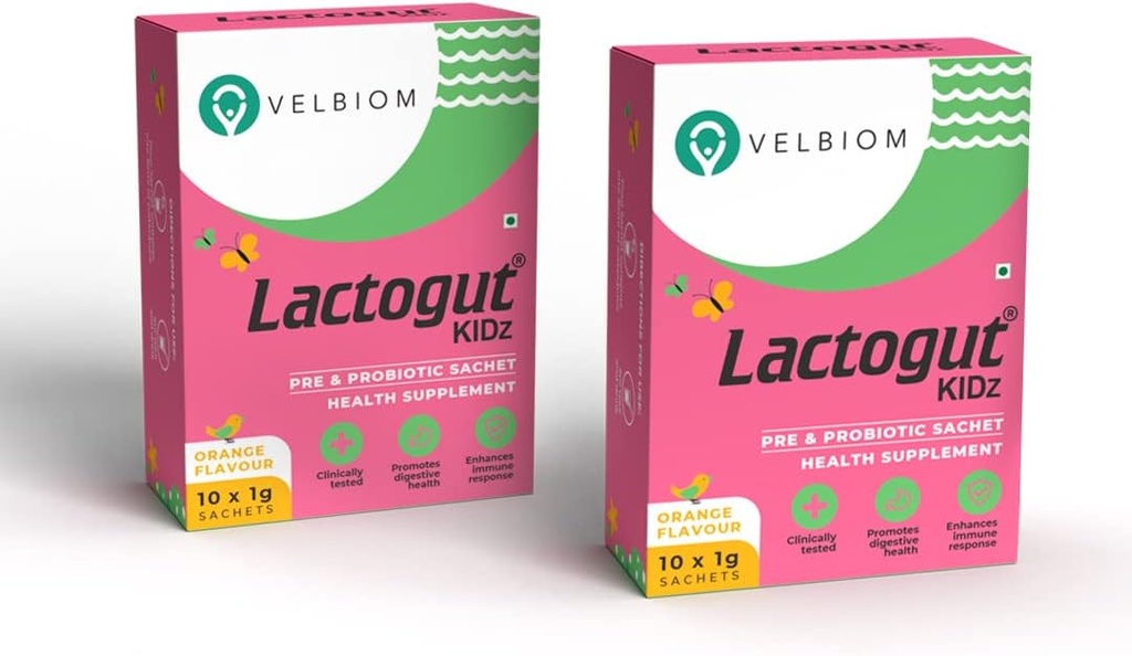 Lactogut Kidz Probiotics Powder for Kids는 어린이 구트 건강, 전반적인 웰빙 및 면역 Vegan 임상적으로 입증 된 팩 2