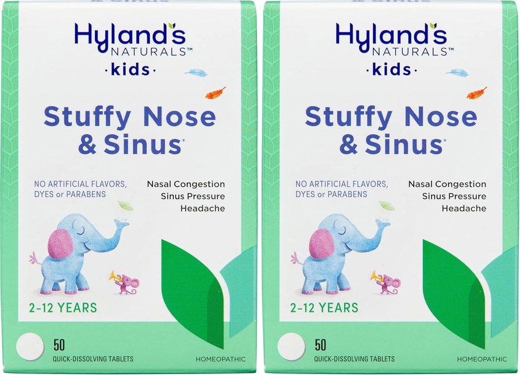 Hyland의 Naturals Kids Stuffy Nose와 Sinus Tablets, Cold and Allergy Medicine for Children Ages 2 및 Up, Headache Relief 및 Nasal Decongestant, Quick Dissolve Tablets, 50 Count (Pack of 2)